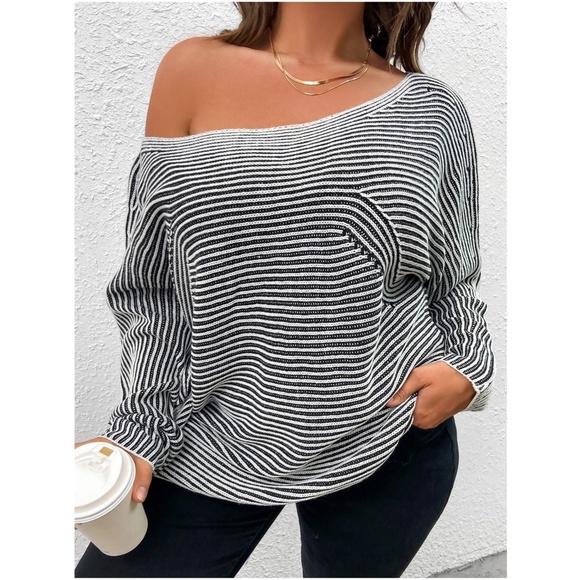 Plus Striped Off Shoulder Sweater Top - Picture 1 of 4